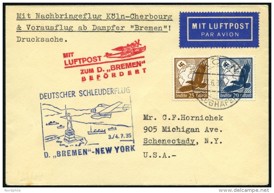 KATAPULTPOST 196c BRIEF, 3.7.1935, Bremen - New York, Nachbringe- Und Schleuderflug, Drucksache, Prachtbrief - Covers & Documents