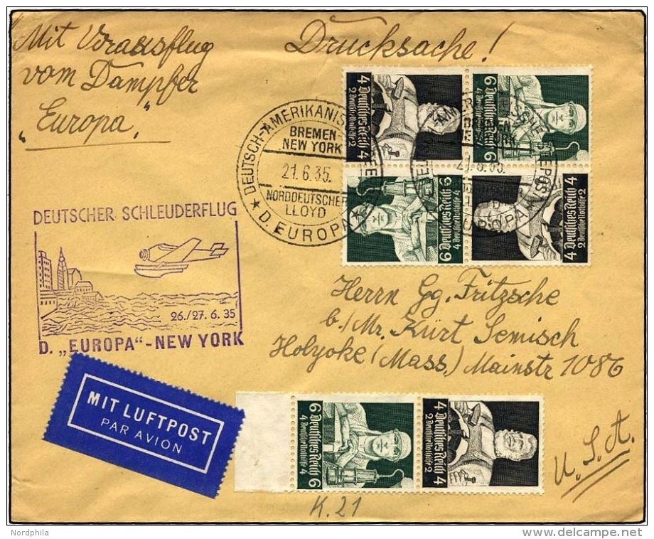 KATAPULTPOST 195b BRIEF, 26.6.1935, Europa - New York, Seepostaufgabe, Stände-Zusammendruck-Frankatur, Drucksache, - Covers & Documents