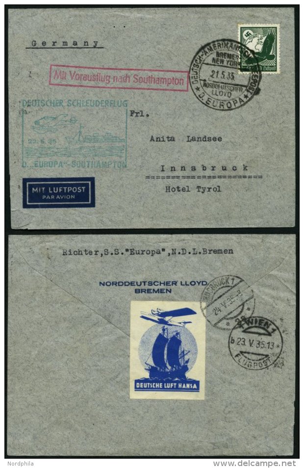 KATAPULTPOST 188c BRIEF, 22.5.1935, Europa - Southampton, Deutsche Seepostaufgabe, Rückseitig Blaue Vignette Deutsc - Covers & Documents