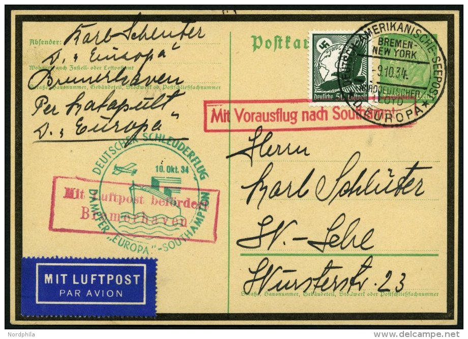 KATAPULTPOST 184c BRIEF, 10.10.1934, Europa - Southampton, Deutsche Seepostaufgabe, Auf 5 Pf. Hindenburg Trauer - Ganzsa - Covers & Documents