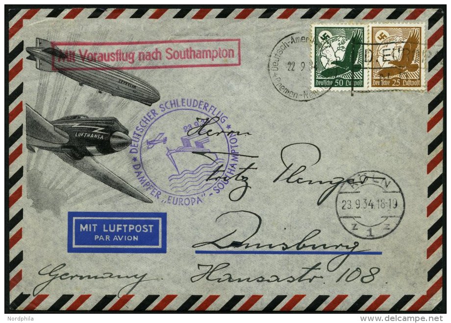 KATAPULTPOST 180c BRIEF, 23.9.1934, &amp;quot,Europa&amp;quot, - Southampton, Deutsche Seepostaufgabe, Prachtbrief - Covers & Documents
