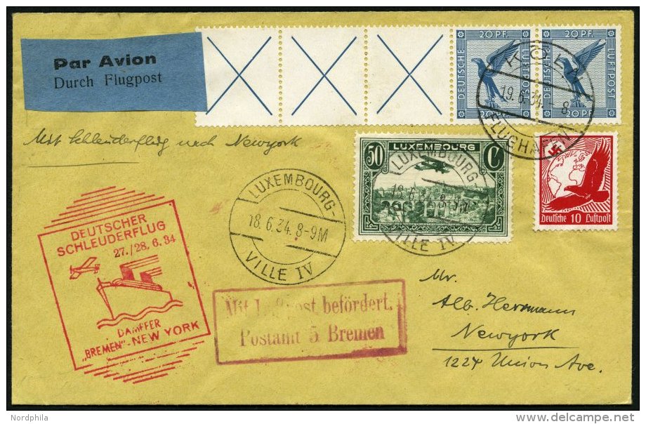 KATAPULTPOST 161Lu BRIEF, Luxemburg: 27.6.1934, Bremen - New York, Zweiländerfrankatur U.a. Mit DR Mi.Nr. W 21.3!, - Covers & Documents