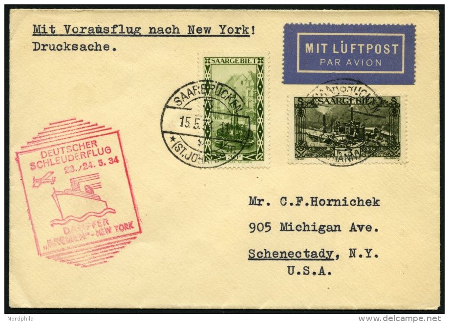 KATAPULTPOST 153Sr BRIEF, Saargebiet: 23.5.1934, &amp;quot,Bremen&amp;quot, - New York, Drucksache, Prachtbrief, Nur 16 - Covers & Documents