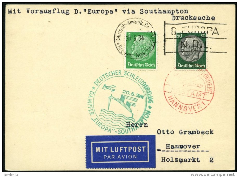 KATAPULTPOST 152c BRIEF, 20.5.1934, &amp;quot,Europa&amp;quot, - Southampton, Deutsche Seepostaufgabe, Prachtkarte - Covers & Documents