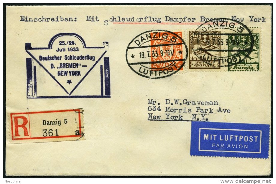 KATAPULTPOST 130Dz BRIEF, Danzig: 25.7.1933, &amp;quot,Bremen&amp;quot, - New York, Einschreibbrief, Pracht, RRR!, Nur 1 - Covers & Documents