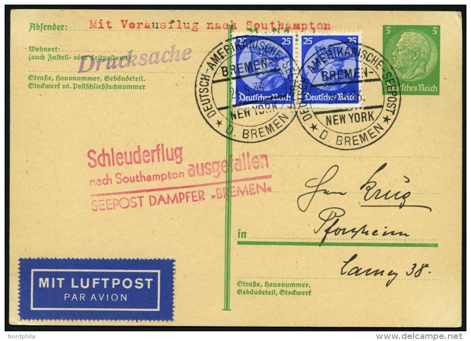 KATAPULTPOST 116c BRIEF, 21.5.1933, Bremen - Flug Ausgefallen, Deutsche Seepostaufgabe, Auf 5 Pf. Hindenburg - Ganzsache - Covers & Documents