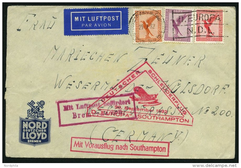 KATAPULTPOST 111c BRIEF, 29.9.1932, Europa - Southampton, Deutsche Seepostaufgabe, Brief Feinst - Brieven En Documenten