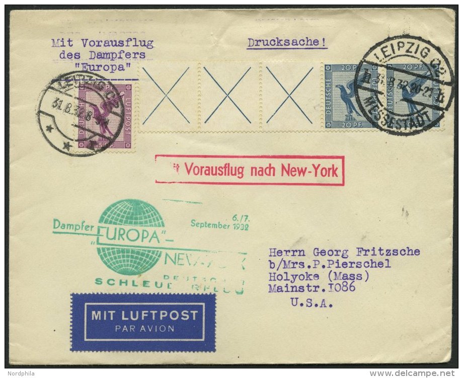 KATAPULTPOST 105a BRIEF, 6.9.1932, Europa - New York, Landpostaufgabe, Frankiert U.a. Mit W 21.3, Drucksache, Pracht - Brieven En Documenten