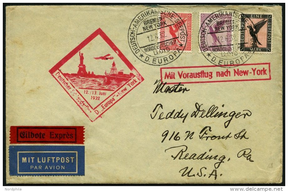 KATAPULTPOST 85b BRIEF, 12.6.1932, &amp;quot,Europa&amp;quot, - New York, Seepostaufgabe, Eilbrief, Feinst - Brieven En Documenten