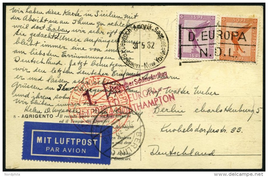 KATAPULTPOST 82c BRIEF, 1.6.1932, &amp;quot,Europa&amp;quot, - Southampton, Deutsche Seepostaufgabe, Karte Feinst - Covers & Documents