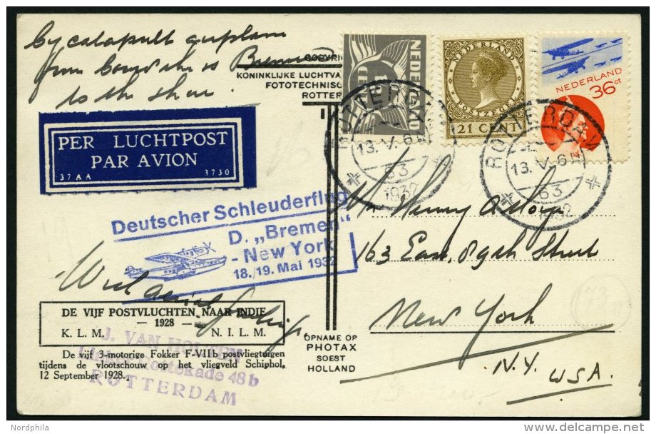 KATAPULTPOST 79Nl BRIEF, Niederlande: 18.5.1932, &amp;quot,Bremen&amp;quot, - New York, Prachtkarte - Covers & Documents