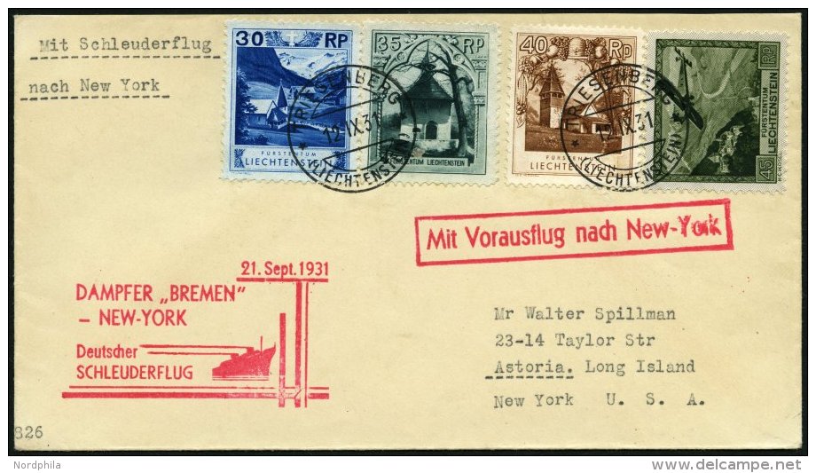 KATAPULTPOST 72Li BRIEF, Liechenstein: 1.9.1931, Bremen - New York, Prachtbrief, RR! - Brieven En Documenten