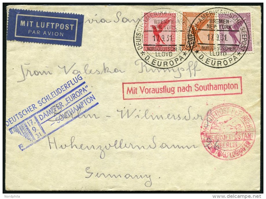 KATAPULTPOST 71c BRIEF, 18.9.1931, &amp;quot,Europa&amp;quot, - Southampton, Deutsche Seepostaufgabe, Bedarfsbrief, Prac - Covers & Documents