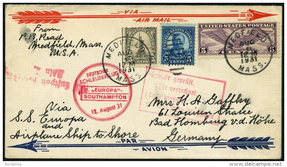 KATAPULTPOST 63a BRIEF, 12.8.1931, Europa - Southampton, US-Landpostaufgabe, Mit Rotem Rechteckstempel Gewicht Gepr&uuml - Covers & Documents