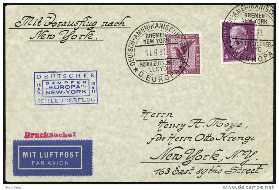 KATAPULTPOST 50b BRIEF, 18.6.1931, &amp;quot,Europa&amp;quot, - New York, Seepostaufgabe, Drucksache, Prachtbrief - Covers & Documents