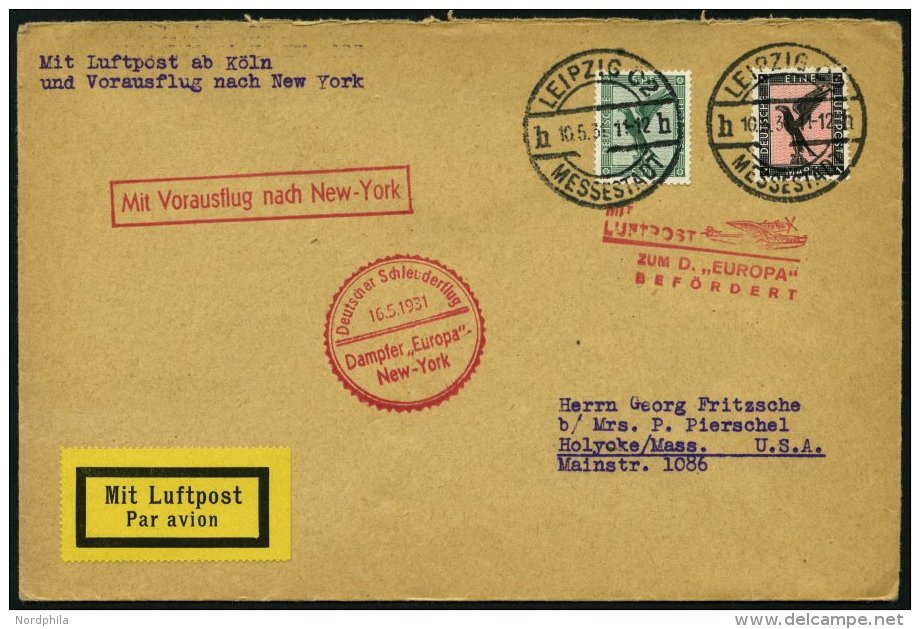 KATAPULTPOST 41c BRIEF, 16.5.1931, Europa - New York, Nachbringe- Und Schleuderflug, Prachtbrief - Covers & Documents