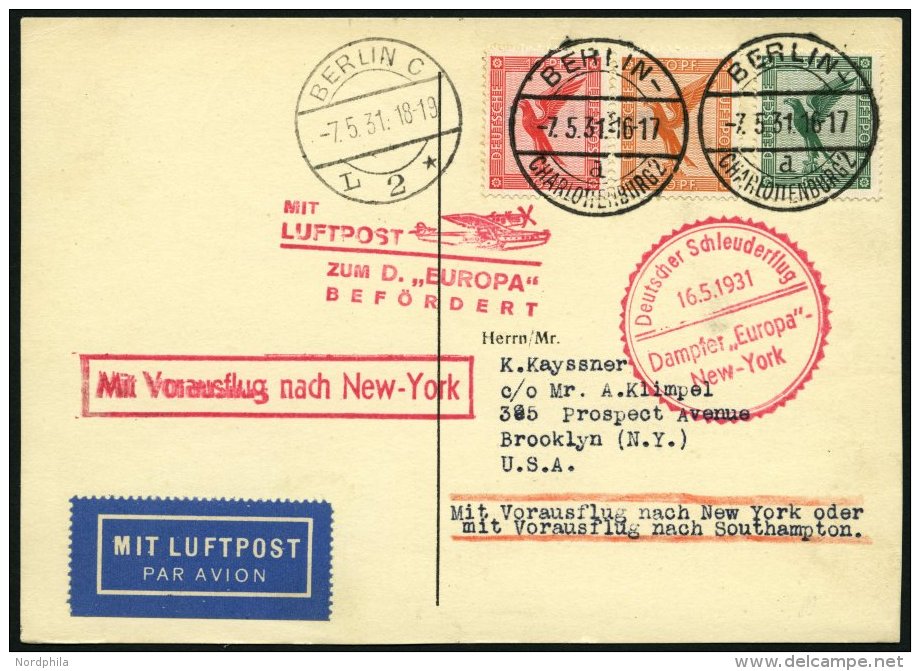 KATAPULTPOST 41c BRIEF, 16.5.1931, Europa - New York, Nachbringe- Und Schleuderflug, Prachtkarte - Covers & Documents