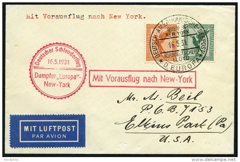 KATAPULTPOST 41b BRIEF, 16.5.1931, &amp;quot,Europa&amp;quot, - New York, Seepostaufgabe, Prachtbrief - Covers & Documents