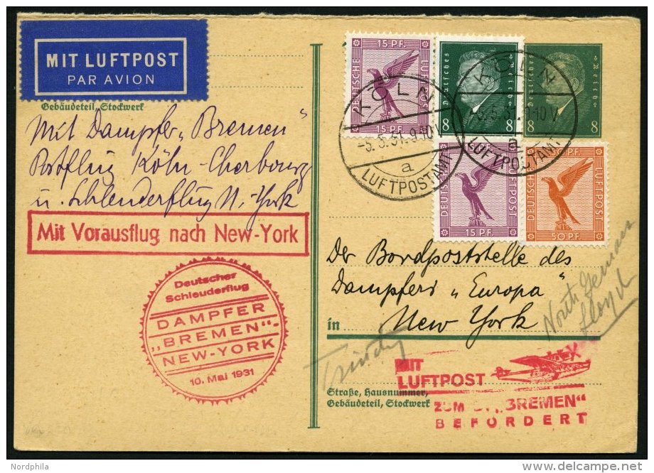 KATAPULTPOST 40c BRIEF, 10.5.1931, Bremen - New York, Nachbringe- Und Schleuderflug, Auf 8 Pf. Ebert - Ganzsachenkarte M - Covers & Documents