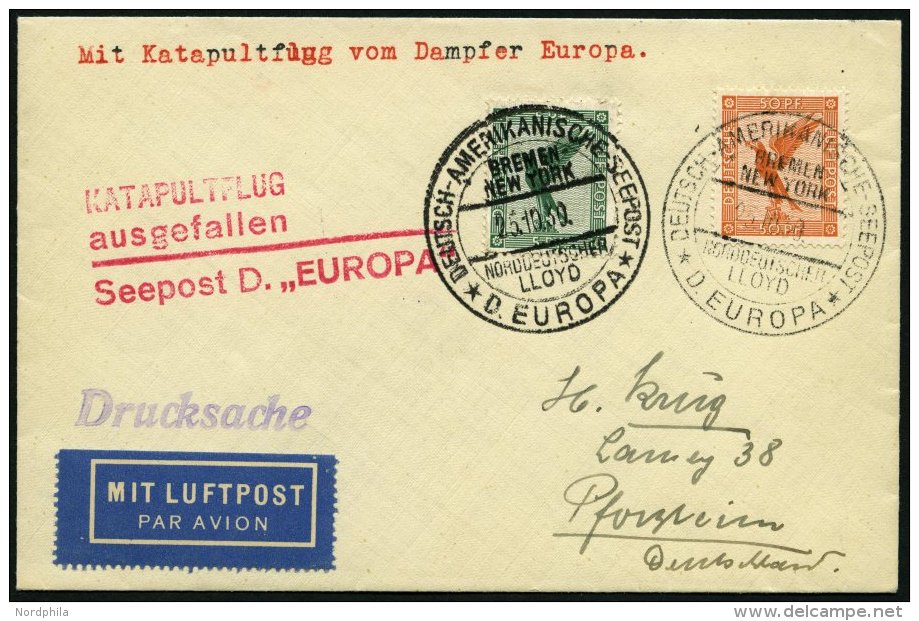 KATAPULTPOST 39c BRIEF, 25.10.1930, Europa - Flug Ausgefallen, Deutsche Seepost, Drucksache, Prachtbrief - Brieven En Documenten