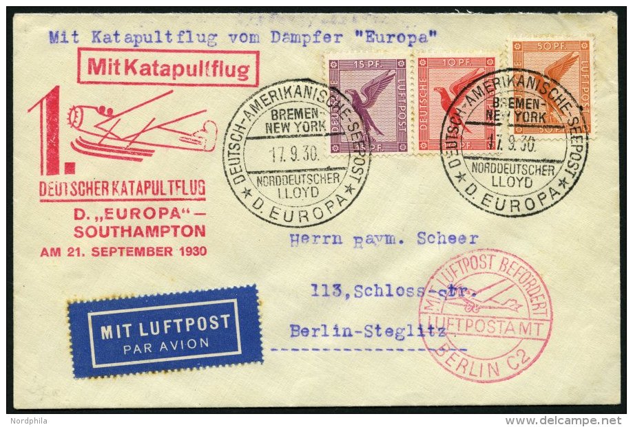 KATAPULTPOST 32c BRIEF, 22.9.1930, &amp;quot,Europa&amp;quot, - Southampton, Deutsche Seepostaufgabe, Prachtbrief - Brieven En Documenten