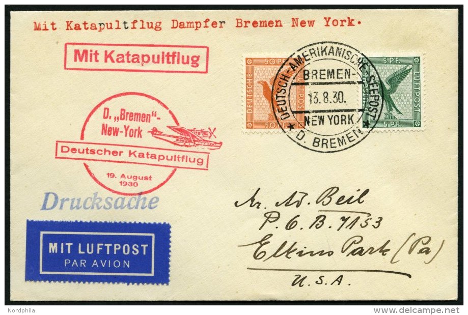 KATAPULTPOST 22b BRIEF, 19.8.1930, &amp;quot,Bremen&amp;quot, - New York, Seepostaufgabe, Drucksache, Prachtbrief - Covers & Documents