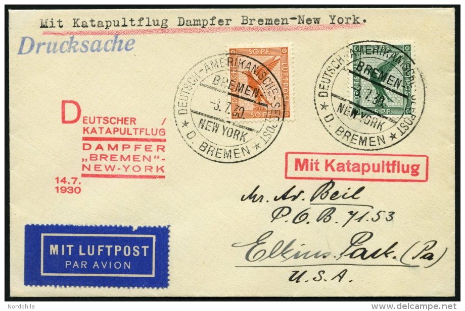 KATAPULTPOST 18b BRIEF, 14.7.1930, &amp;quot,Bremen&amp;quot, - New York, Seepostaufgabe, Drucksache, Prachtbrief - Brieven En Documenten