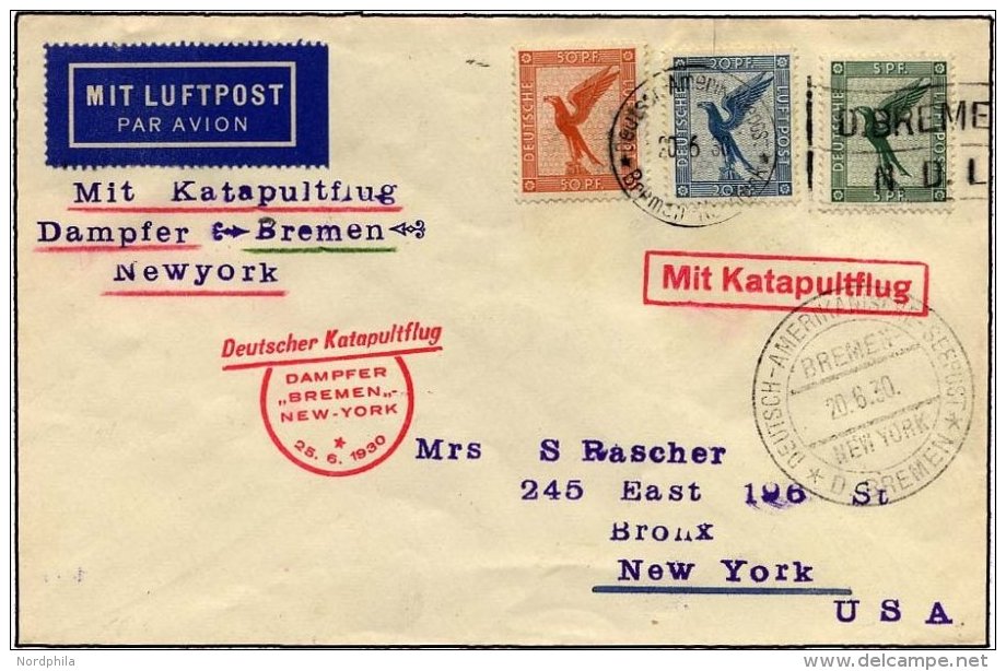KATAPULTPOST 16b BRIEF, 25.6.1930, Bremen - New York, Seepostaufgabe, Prachtbrief - Briefe U. Dokumente