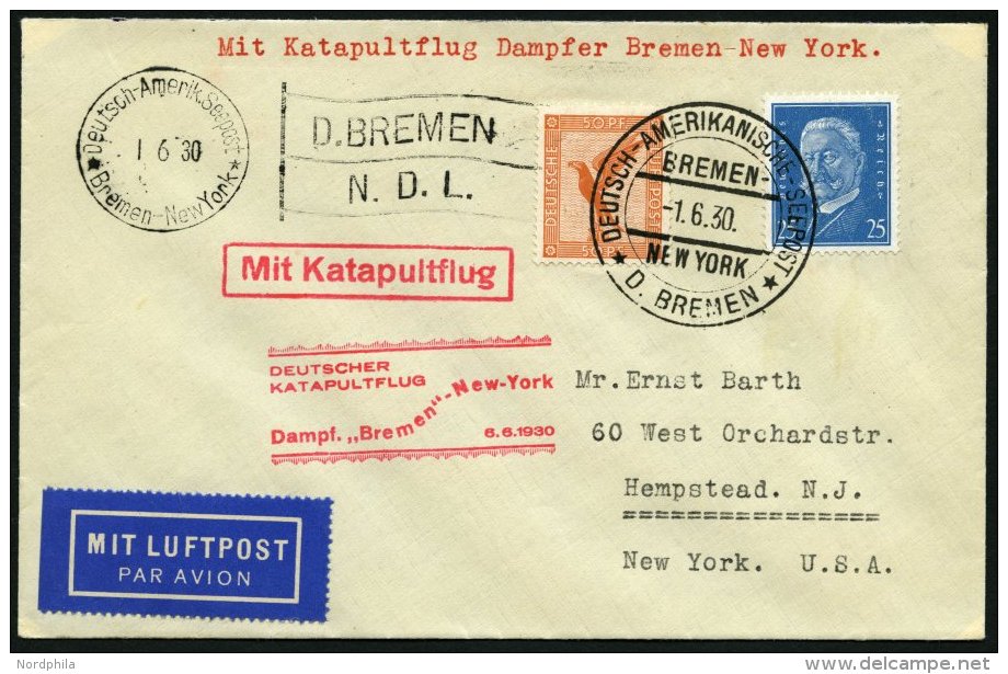 KATAPULTPOST 14b BRIEF, 5.6.1930, &amp;quot,Bremen&amp;quot, - Boston, Seepostaufgabe, Prachtbrief - Brieven En Documenten