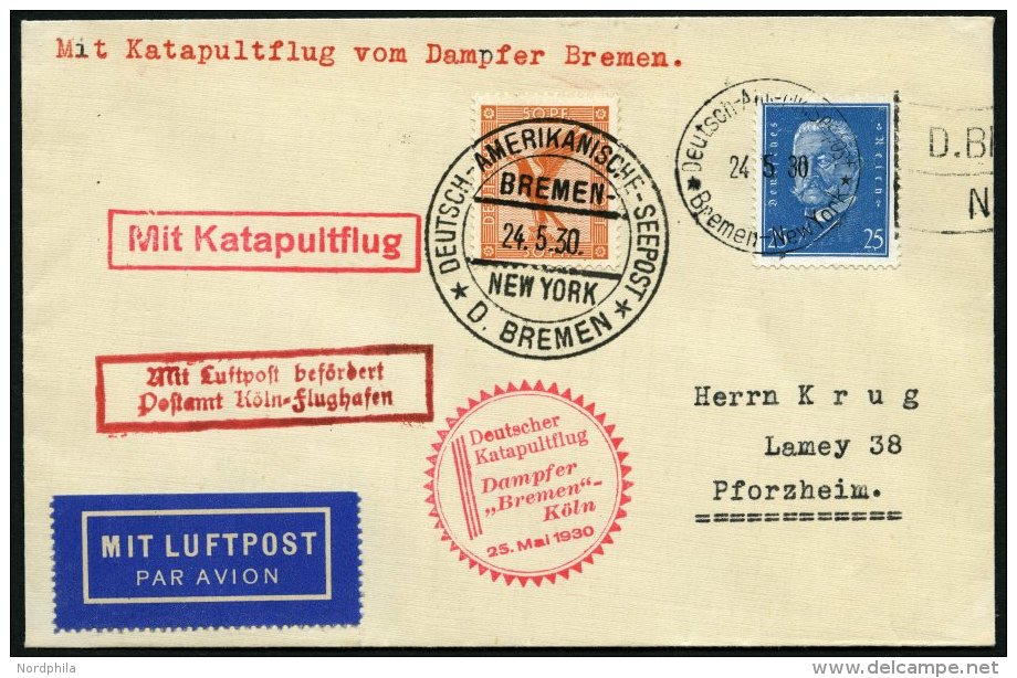 KATAPULTPOST 13c BRIEF, 25.5.1930, &amp;quot,Bremen&amp;quot, - Southampton, Deutsche Seepostaufgabe, Prachtbrief - Covers & Documents