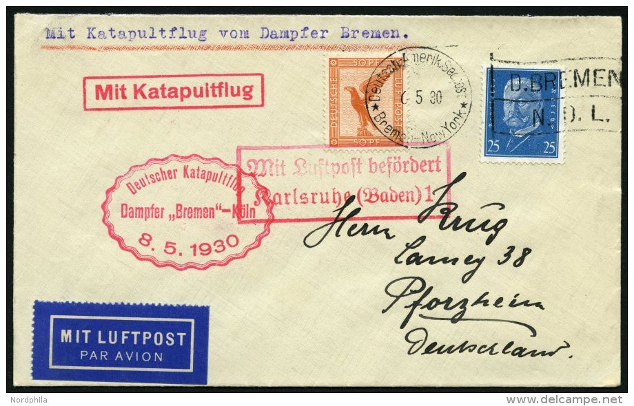 KATAPULTPOST 11c BRIEF, 7.5.1930, &amp;quot,Bremen&amp;quot, - Southampton, Deutsche Seepostaufgabe, Prachtbrief - Covers & Documents