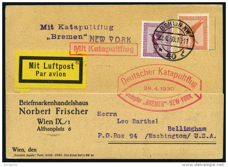 KATAPULTPOST 10a BRIEF, 29.4.1930, &amp;quot,Bremen&amp;quot, - New York, Landpostaufgabe, Prachtkarte - Brieven En Documenten