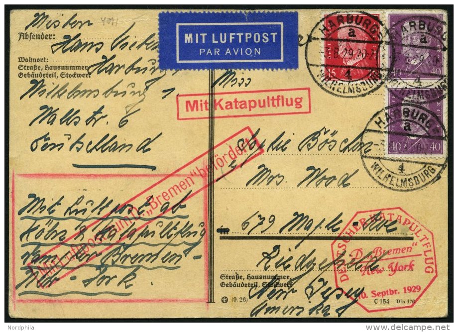 KATAPULTPOST 5c BRIEF, 9.9.1929, &amp;quot,Bremen&amp;quot, - Bremen, Nachbringe- Und Katapultflug, Karte Feinst - Brieven En Documenten