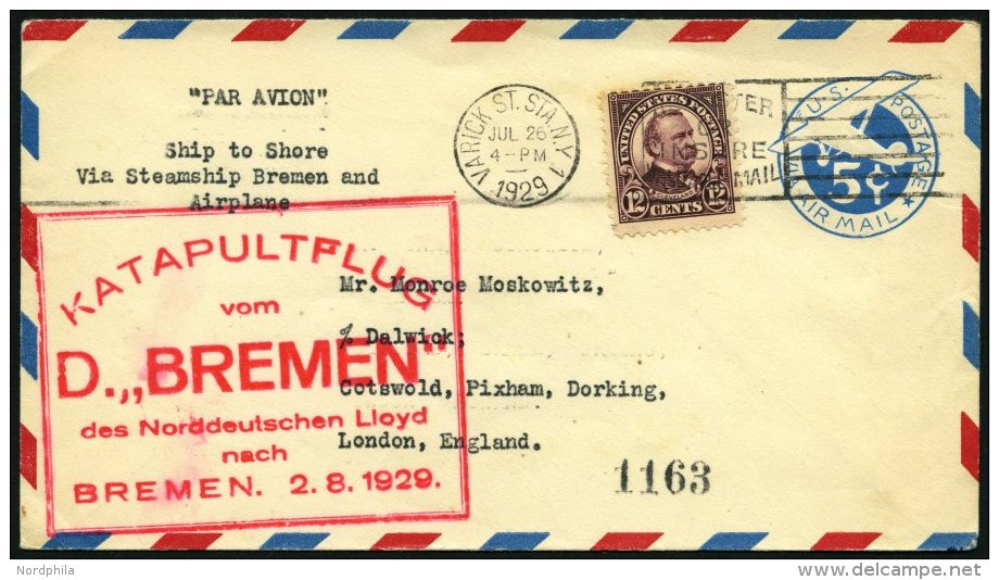 KATAPULTPOST 2a BRIEF, 1.8.1929, &amp;quot,Bremen&amp;quot, - Bremen, US-Landpostaufgabe, Prachtbrief - Covers & Documents