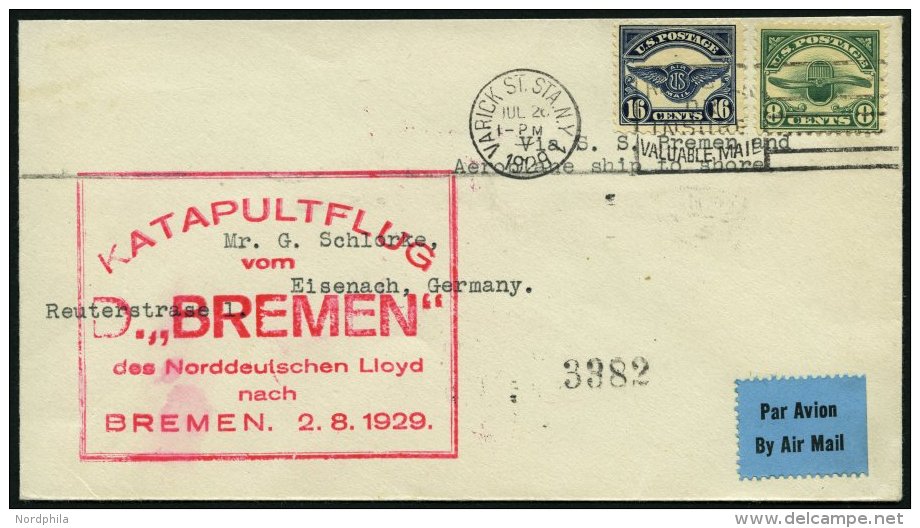 KATAPULTPOST 2a BRIEF, 1.8.1929, &amp;quot,Bremen&amp;quot, - Bremen, US-Landpostaufgabe, Frankiert Mit USA Mi.Nr. 286/7 - Covers & Documents