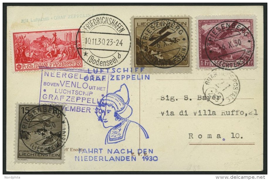 ZULEITUNGSPOST 98 BRIEF, Liechtenstein: 1930, Hollandfahrt, Mit Italienischer Beifrankatur!, Prachtkarte Nach Italien - Zeppelins