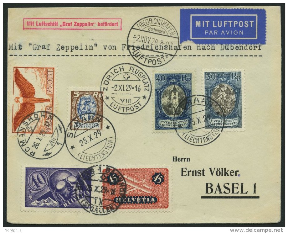 ZULEITUNGSPOST 45 BRIEF, Liechtenstein: 1929, Schweizfahrt, Mischfrankatur Mit Schweiz-Marken In Romanshorn Entwertet, P - Zeppelins