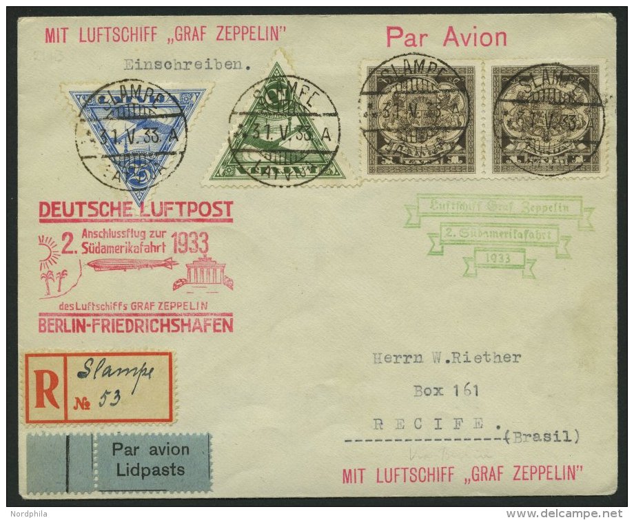 ZULEITUNGSPOST 214B BRIEF, Lettland: 1933, 2. Südamerikafahrt, Anschlußflug Ab Berlin, Einschreibbrief, Prach - Airmail & Zeppelin