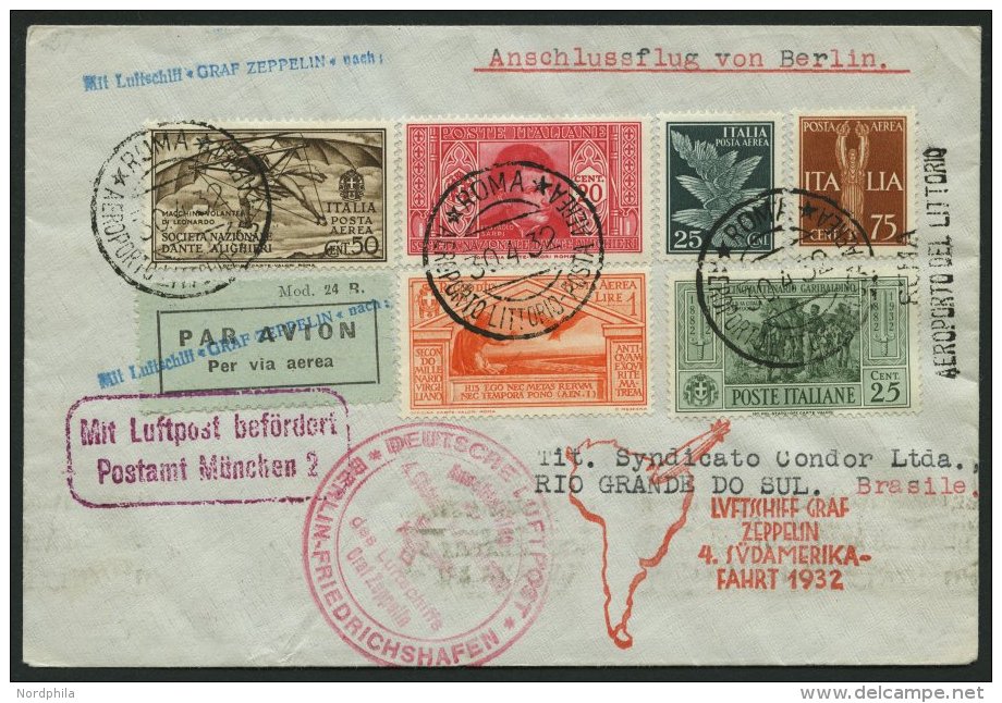 ZULEITUNGSPOST 157B BRIEF, Italien: 1932, 4. Südamerikafahrt, Anschlußflug Ab Berlin, Einschreibbrief, Pracht - Airmail & Zeppelin