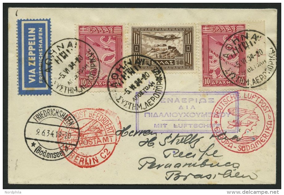 ZULEITUNGSPOST 250 BRIEF, Griechenland: 1934, 2. Südamerikafahrt, Anschlußflug Ab Berlin, Einschreibbrief, Pr - Zeppelins