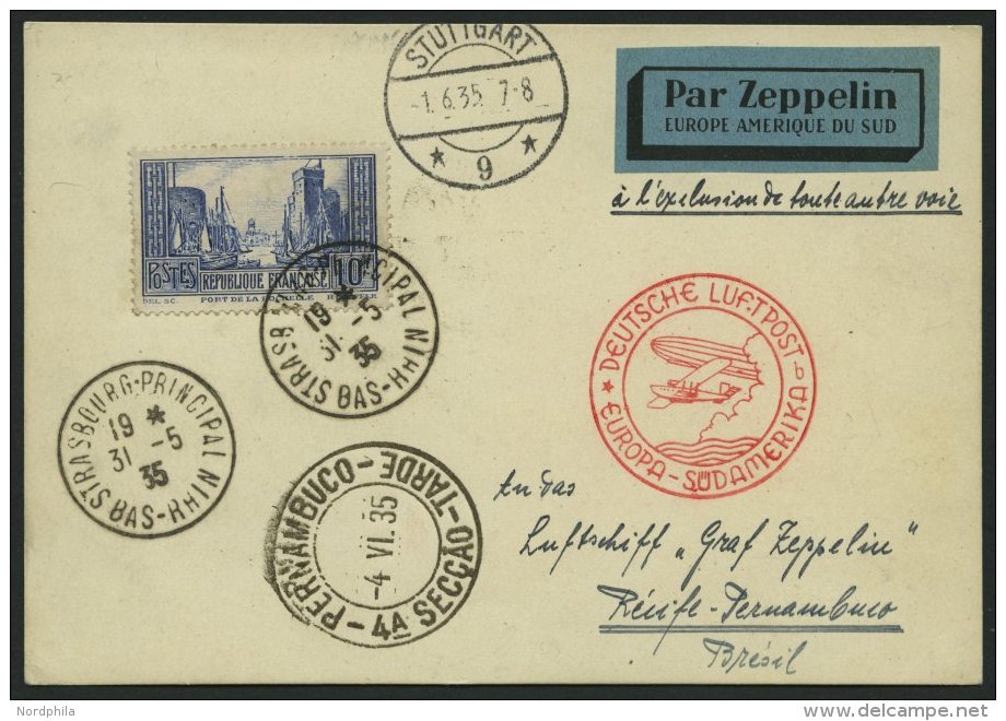 ZULEITUNGSPOST 302Aa BRIEF, Frankreich: 1935, 5. Südamerikafahrt, über Stuttgart, Prachtkarte, R! - Airmail & Zeppelin