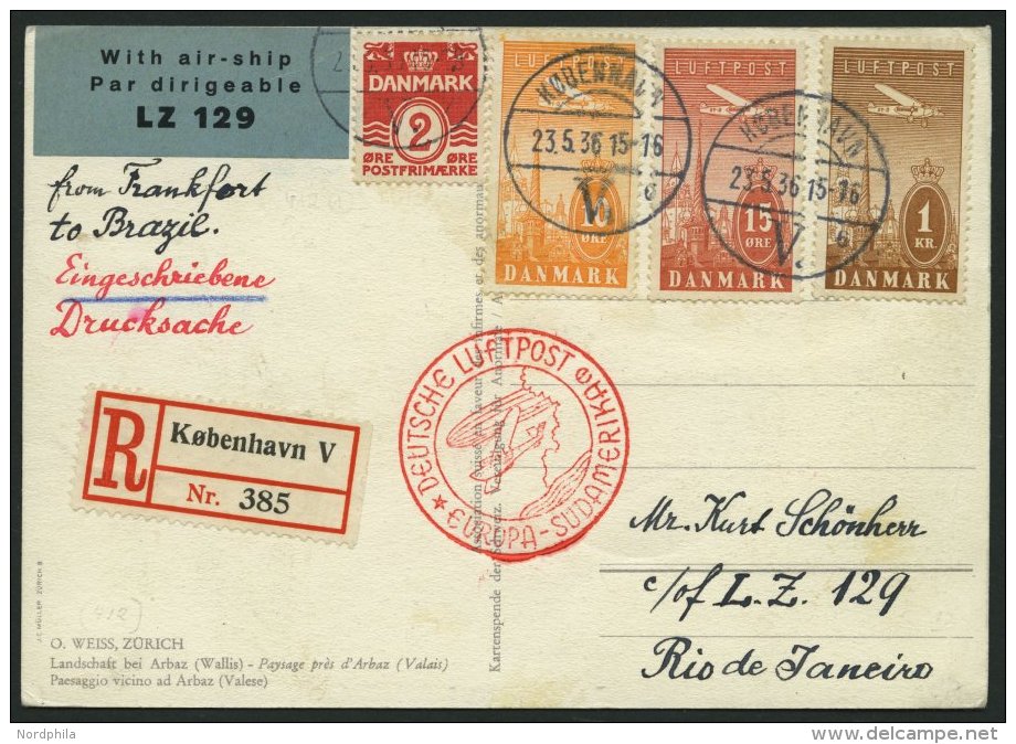 ZULEITUNGSPOST 412B BRIEF, Dänemark: 1936, 5. Südamerikafahrt, Einschreib-Drucksache, Prachtkarte - Airmail & Zeppelin