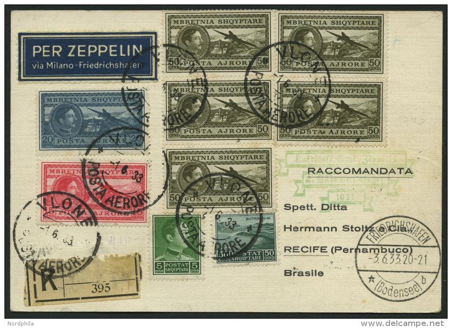 ZULEITUNGSPOST 214Aa BRIEF, Albanien: 1933, 2. Südamerikafahrt, Einschreibkarte, Pracht - Airmail & Zeppelin