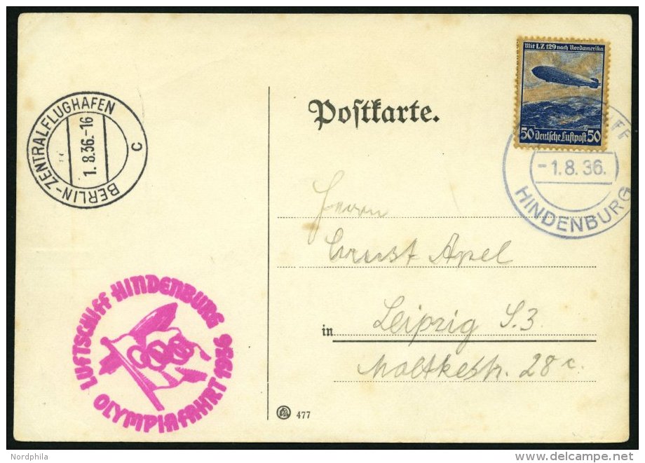 ZEPPELINPOST 427A BRIEF, 1936, Olympiafahrt, Bordpost, Prachtkarte - Zeppelins