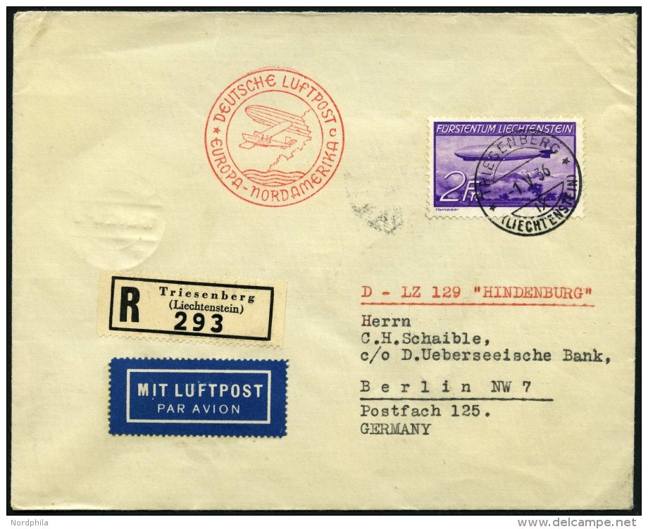 ZEPPELINPOST 408B BRIEF, 1936, 1. Nordamerikafahrt, Liechtenstein Post, Frankiert Mit Zeppelinmarke Zu 2 Fr., Einschreib - Zeppelins