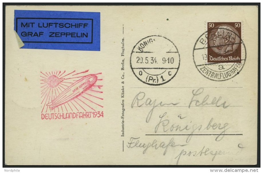 ZEPPELINPOST 246Ba BRIEF, 1934, Deutschlandfahrt, Auflieferung Berlin-Königsberg, Zeppelin-Ansichtskarte Mit Einzel - Zeppelins