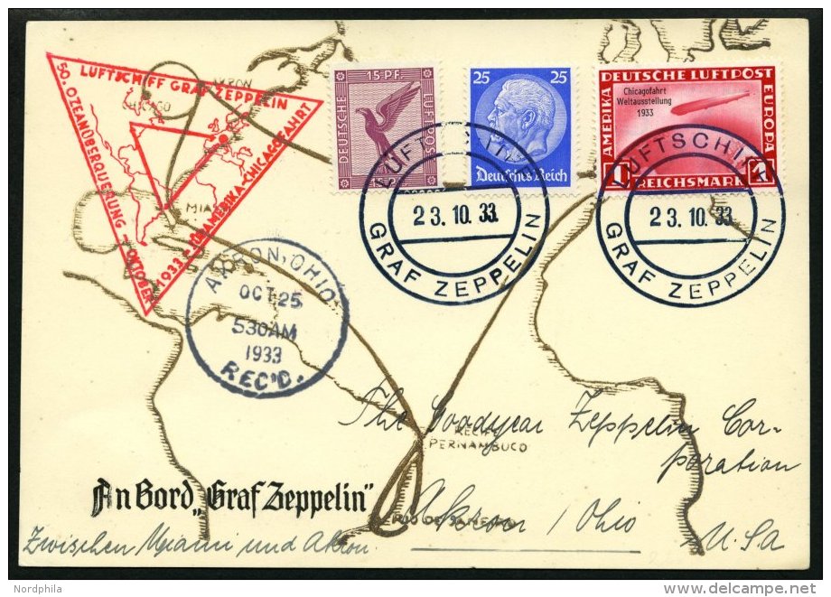 ZEPPELINPOST 238q BRIEF, 1933, Chicagofahrt, Bordpost, Miami-Akron, Prachtkarte - Zeppelins