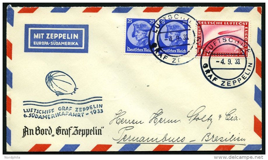 ZEPPELINPOST 229Ab BRIEF, 1933, 6. Südamerikafahrt, Bordpost Hinfahrt, Prachtbrief - Zeppelins