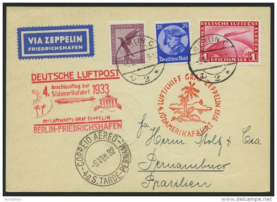 ZEPPELINPOST 223B BRIEF, 1933, 4. Südamerikafahrt, Anschlußflug Ab Berlin, Prachtkarte Frankiert Mit 1 RM - Zeppelins