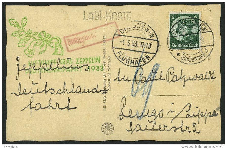 ZEPPELINPOST 201Aa BRIEF, 1933, Deutschlandfahrt, Auflieferung Friedrichshafen, Abwurf Dresden, Ansichtskarte (Horst Wes - Zeppelins